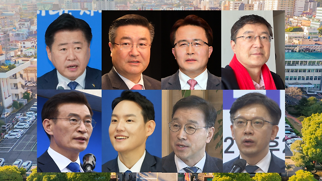 사진 왼쪽 위부터 시계방향으로 오영훈 제주지사·김승욱 국민의힘 제주도당위원장·문성유 前 기획재정부 기획조정실장·장성철 前 국민의힘 제주도당위원장·현근택 수원시 제2부시장·위성곤 더불어민주당 국회의원·김한규 더불어민주당 국회의원·문대림 더불어민주당 국회의원