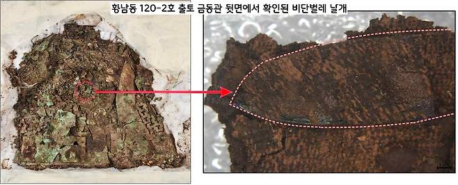 경주 황남동 120-2호 출토 금동관의 보존처리 도중 뒷면에서 확인된 비단벌레 날개장식. 비단벌레 날개는 이 구멍의 뒤쪽에 붙어 있었다.|신라문화유산연구원 제공