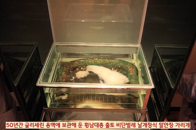 황남대총 남분 출토 비단벌레 날개 장식 유품은 발굴 직후부터 지금까지 글리셀린 용액을 채운 상자 속에 넣어 보관되고 있다. 덕분에 본연의 비단벌레 날개색깔을 잃지 않고 있다.