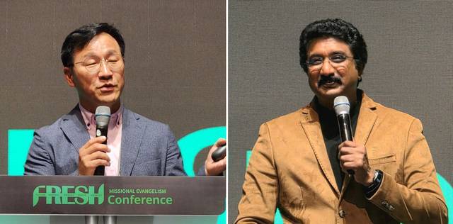프레시 콘퍼런스에서 강의하는 이상훈 미성대(AEU) 총장과 사티시 쿠마르 인도 갈보리템플 목사.
