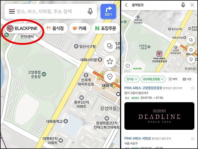 네이버 지도 기본 화면 첫번째 탭에 블랙핑크가 써 있다. 이를 누르면 오른쪽과 같은 PINK AREA가 등장한다./사진=네이버 지도 캡처