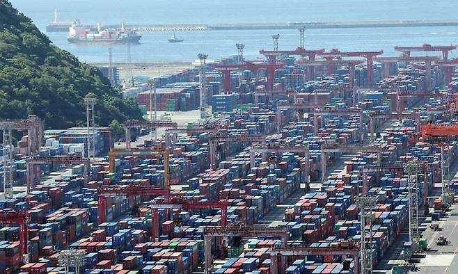 1일 부산 남구 신선대부두 야적장에 수출입 컨테이너가 쌓여 있다. 뉴시스