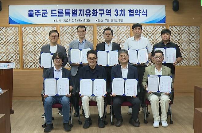 울산 울주군은 3일 군청 은행나무홀에서 이순걸 군수와 울산정보산업진흥원 장병태 원장 등 7개 참여기관 관계자 등이 참석해 울주 드론특별자유화구역 3차 업무협약을 맺었다. 울주군 제공