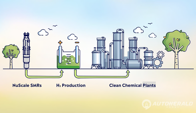 미국 누스케일 파워의&nbsp;소형 모듈형 원자로 구성도, 하루 200톤의 수소를 생산할 수 있다. (누스케일)