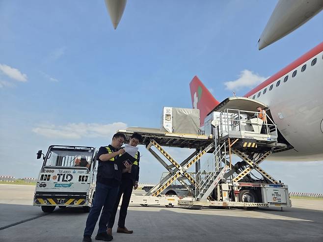 티웨이항공 관계자들이 공항에서 탑재 작업 이행 등 철저한 여객·화물 현장 점검을 진행하고 있다 / 사진=티웨이항공