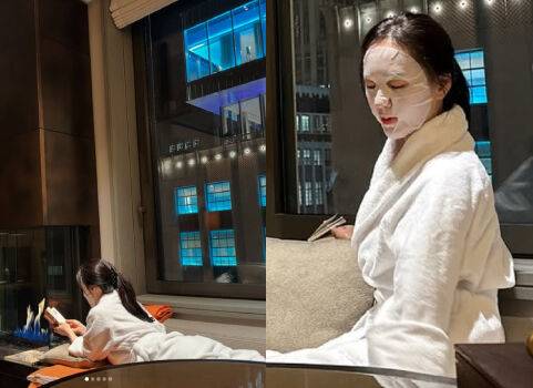 배우 박주미가 마스크팩을 하고 휴식을 취하고 있다. / 박주미 개인 인스타그램