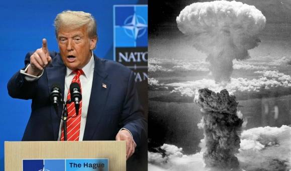 도널드 트럼프 미국 대통령의 기자회견 모습과 히로시마 원폭 투하 모습. AFP 연합뉴스