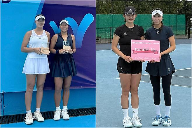 홍콩 W15 국제대회 복식 부문에서 준우승을 차지한 정보영 선수(사진 왼쪽 첫번째)와 일본 삿포로 W15 대회 복식 경기 준우승을 차지한 장가을 선수(사진 오른쪽 첫뻔째)./안동시 제공