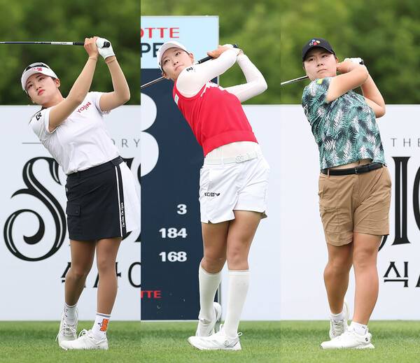 2025년 한국여자프로골프(KLPGA) 투어 제15회 롯데 오픈에 출전한 노승희, 방신실, 홍정민 프로가 2라운드에서 경기하는 모습이다. 사진제공=KLPGA