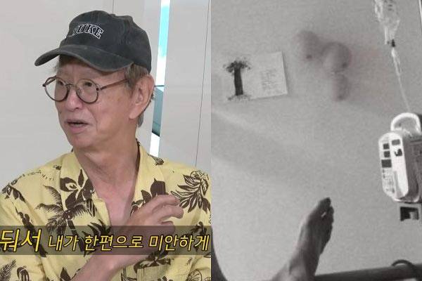 원로 코미디언 전유성(76)이 최근 기흉으로 응급실을 방문한 사실을 밝혔다. 최근 한 유튜브 채널에 출연한 전유성 모습과 2일 SNS에 올린 링거 맞는 모습./사진=유튜브 채널 '조동아리', 전유성 SNS