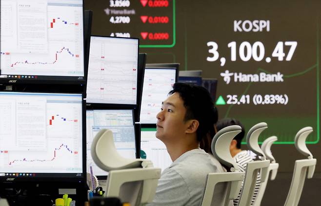 [서울=뉴시스] 김진아 기자 = 코스피가 장초반 3100선을 다시 넘은 3일 서울 중구 하나은행 딜링룸에서 딜러들이 업무를 보고 있다.   코스피는 전 거래일(3075.06)보다 25.27포인트(0.82%) 상승한 3100.33에, 코스닥 지수는 전 거래일(782.17)보다 3.60포인트(0.46%) 오른 785.77에 거래를 시작했다. 2025.07.03. bluesoda@newsis.com /사진=김진아
