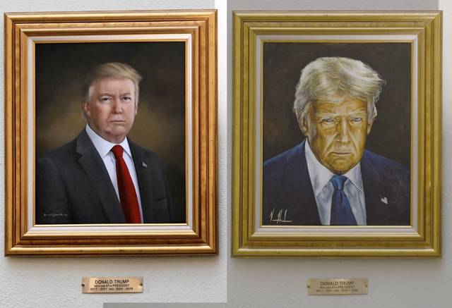 지난 3월 미국 콜로라도 주의회에 걸려 있던 도널드 트럼프 대통령의 초상화(왼쪽)과 지난 1일 교채된 초상화(오른쪽).  AP 연합뉴스