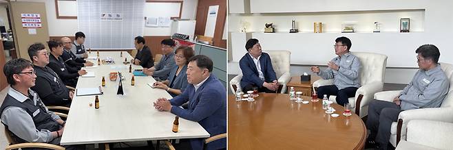 김종훈 울산동구청장이 HD현대중공업 임금 협상과 관련해 3일 노동조합을 방문해 백호선 위원장으로부터 노조 입장을 들은 데(왼쪽) 이어 회사를 찾아 노진율 대표이사로부터 회사 측 입장을 들은 뒤(오른쪽) 지역경제를 위해 노사 양측에 원만한 합의를 당부했다. [울산 동구청 제공]