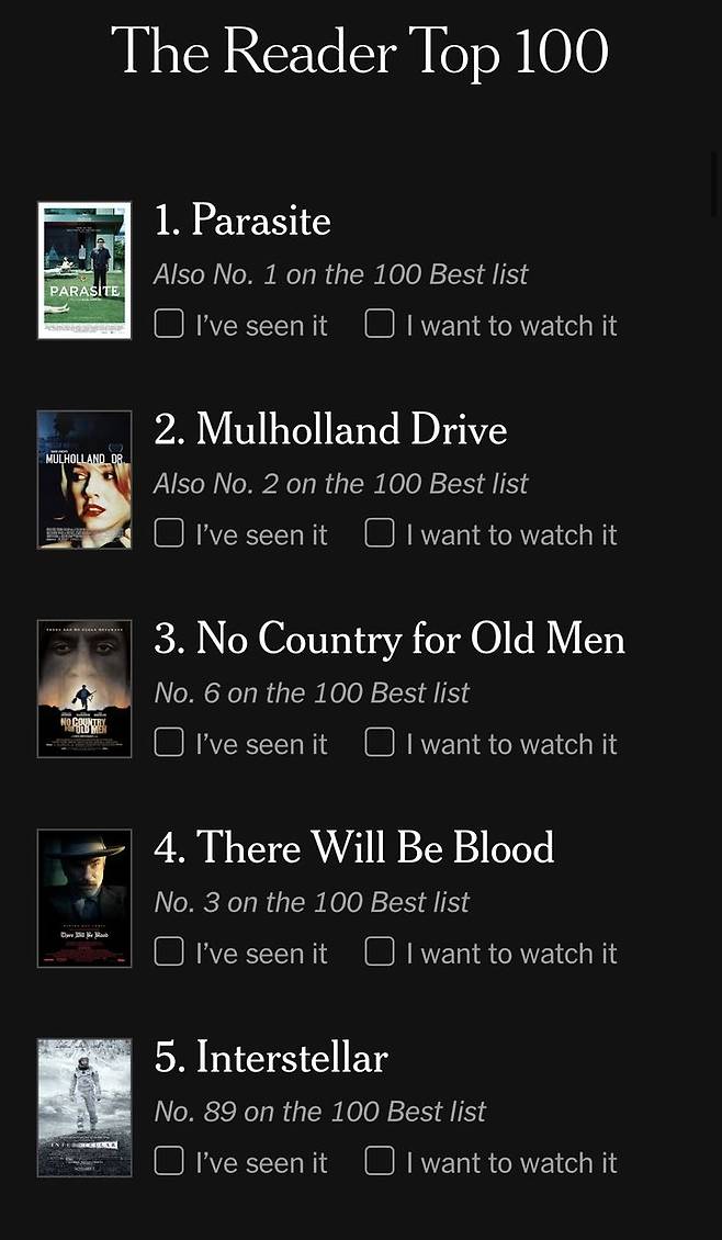 [서울=뉴시스] NYT 독자들이 뽑은 21세기 최고의 영화. (사진 = 뉴욕타임스 앱 캡처) 2025.07.03. photo@newsis.com *재판매 및 DB 금지