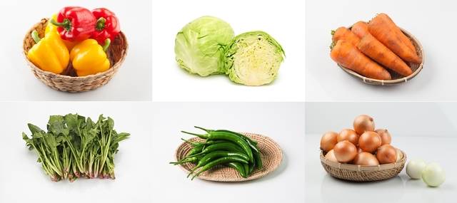 생으로 먹어야 영양소가 파괴되지 않는 채소들. 윗줄 왼쪽부터 시계 방향으로 피망, 양배추, 당근, 양파, 고추, 시금치. 이미지투데이