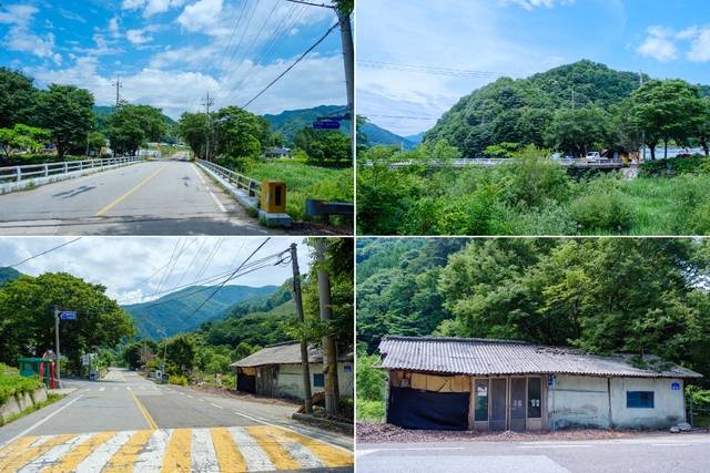 영화 ‘행복’에서 영수(배우 황정민)를 태운 버스가 요양원으로 가면서 지났던 동화교(윗줄). 그 버스에서 영수가 하차한 원지지마을 정류장(아랫줄 왼쪽). 정류장 맞은편에 있는 과거 슈퍼로 쓰였던 건물(〃 오른쪽). 영화에서 이 슈퍼는 영수가 요양원에 들어가기 전 은희(배우 임수정)를 처음 만났던 곳이다.