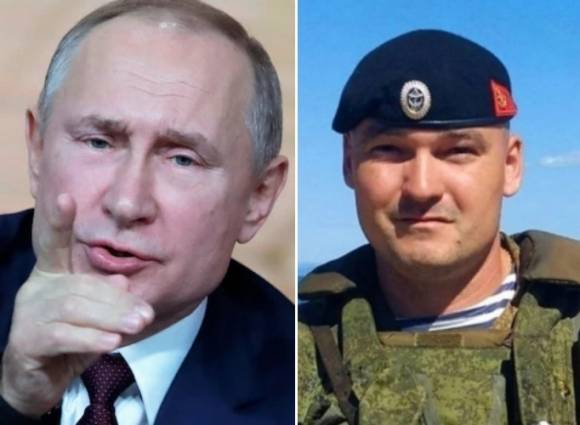왼쪽은 푸틴 러시아 대통령, 오른쪽은 최근 우크라이나 미사일 공습으로 사망한 러시아 해군 부사령관인 미하일 구드코프 근위 소장