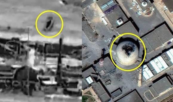 이스라엘군이 공개한 아라크 중수형 원자로에 대한 미사일 공격 모습(왼쪽)과 파괴된 원자로 건물. IDF