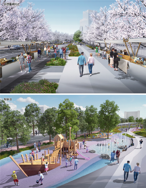 인천대로 중심부에는 산책로와 놀이터, 수경시설 등이 설치된 녹지 공원이 들어섭니다. /인천시 제공