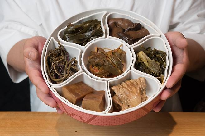 An assortment of house-made pickles at Jjan in Bangbae, created by Chef Cho Young-jae using seasonal vegetables and traditional Korean fermentation techniques. /Ko Un-ho