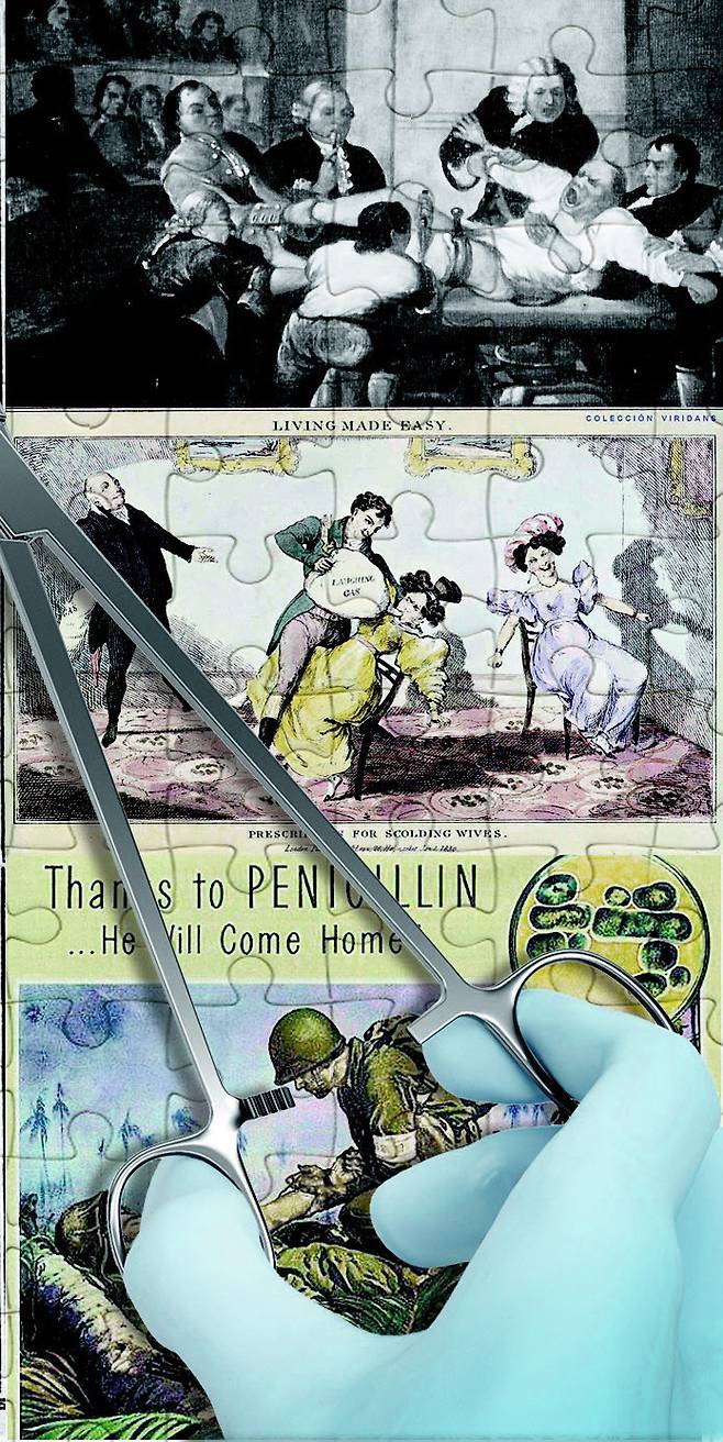 1775년 영국 세인트토마스 병원에서 마취제 없이 수술을 진행하는 장면(위에서 첫 번째 사진). 1830년 험프리 데이비가 한 여성에게 웃음가스를 투여하는 모습(가운데 사진). 최초의 항생제인 페니실린 관련 포스터. 사진 출처 위키피디아·그래픽=안지현 기자 anji1227@donga.com