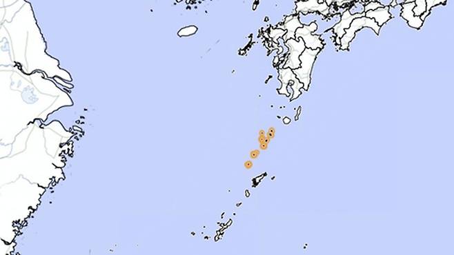 5일 오전 6시 29일 일본 도카라 열도에서 발생한 지진 [연합뉴스/일본 기상청 홈페이지 캡처]