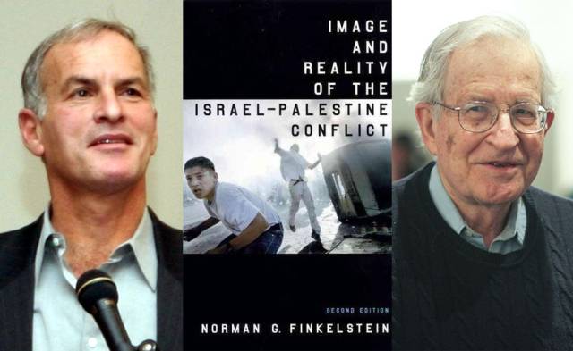 ▲ 노르만 핀켈슈타인(왼쪽)과 그의 중동분쟁 관련 책, 노엄 촘스키(오른쪽). 두 연구자는 강성 유대인 이익단체들로부터 ‘자기혐오에 빠진 유대인’이란 비판을 받는다. Ⓒ위키미디어
