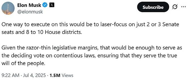 일론 머스크가 올린 신당 창당 관련 글 [@elonmusk X 캡처. 재판매 및 DB 금지]