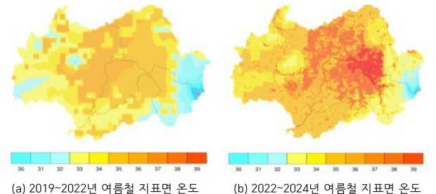 광주시의 2022~2024년 지표면온도(오른쪽)가 2019~2021년에 비해 평균 2~3도 상승한 것을 보여주는 지표면 열분포도. 고층건물 밀집도가 높은 서구 등지는 38도 이상으로 지표면 분포도에서 붉게 표시되고 있다.  <광주기후에너지진흥원 제공>