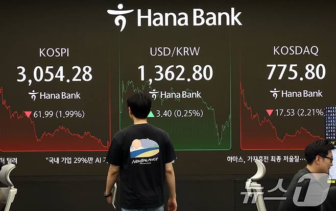 4일 오후 서울 중구 하나은행 딜링룸에 증시 종가가 표시되고 있다.  2025.7.4/뉴스1 ⓒ News1 김명섭 기자