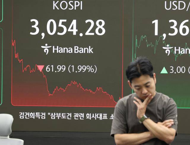 코스피가 전장보다 61.99포인트 내린 3,054.28로 장을 마친 4일 서울 중구 하나은행 딜링룸에 한 직원이 생각에 잠겨 있다. 연합뉴스