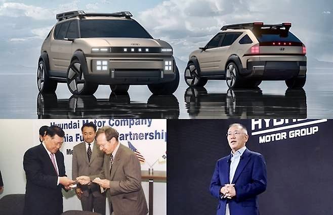 “수소는 미래다”. 사진 위부터 시계방향으로 이니시움,  정의선 회장, 정몽구 명예회장 [사진출처=현대차, 편집=최기성 매경 디지털뉴스룸 기자]]