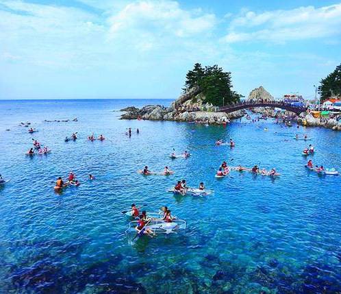 물이 깨끗하고 맑아 투명 카누나 스노클링을 즐기기 좋은 강원 삼척 장호항. 삼척문화관광 누리집