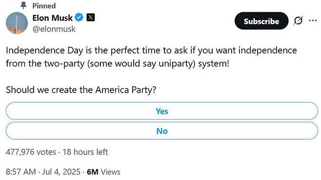 일론 머스크가 올린 신당 창당 관련 투표 게시물 (사진=@elonmusk X 캡처, 연합뉴스)