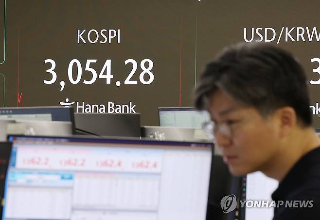 코스피 1.99% 하락 (서울=연합뉴스) 서명곤 기자 = 코스피가  전장보다 61.99포인트(1.99%) 내린 3,054.28로 장을 마친 4일 서울 중구 하나은행 딜링룸에서 딜러들이 대화하고 있다. 2025.7.4 seephoto@yna.co.kr