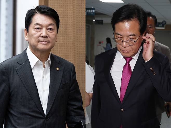 안철수 국민의힘 혁신위원장이 7일 서울 여의도 국회 소통관에서 기자회견을 열고 혁신위원장 사퇴 및 전당대회 출마 기자회견에 참석하고 있다(사진 왼쪽). 송언석 국민의힘 비상대책위원장이 7일 서울 여의도 국회 의원회관에서 열린 지속가능한 AI 데이터센터 구축전략 세미나를 마친 뒤 회의장을 나서며 취재진 질문을 받고 있다. 2025.7.7 뉴스1 ·뉴시스