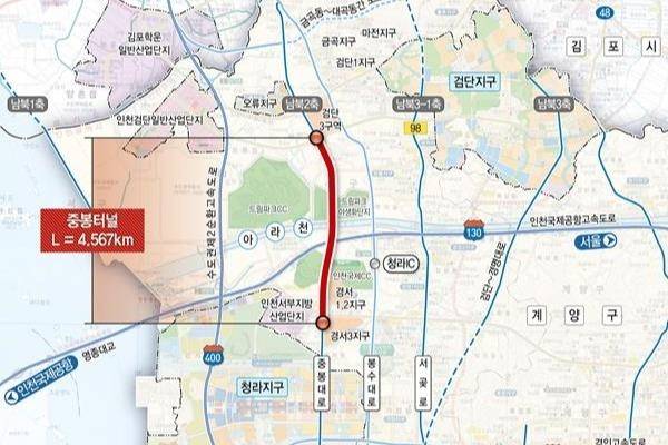 4.57km, 왕복 4차로 자동차 전용 대심도 지하도로 ‘중봉터널’ 위치도