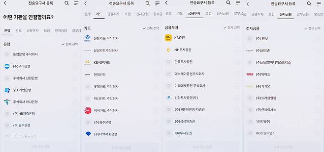 다양한 금융기관에 전송요구서를 신청할 수 있지만, 모든 업권을 한 번에 지정할 수 없는 점은 개선이 필요합니다 / 출처=IT동아