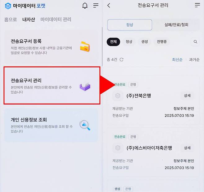 금융기관이 제공한 전송요구서를 확인·관리 작업은 전송요구서 관리에서 지원합니다 / 출처=IT동아