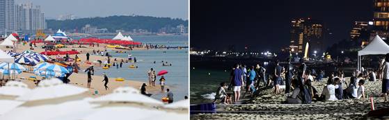 강원 강릉지역에 폭염경보와 열대야가 이어진 5일 밤(오른쪽)과 6일 낮(왼쪽) 경포해수욕장의 모습.   햇볕이 뜨거운 한낮보다 오히려 밤에 피서객이 북적이는 모습이다. 연합뉴스