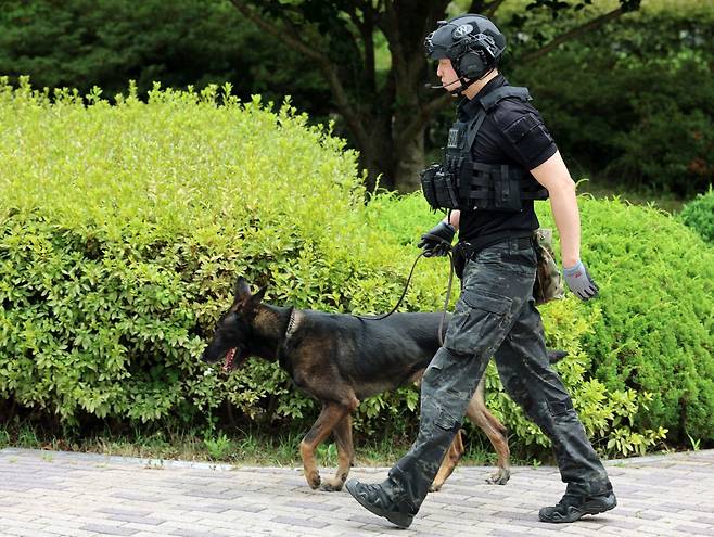 7일 광주 광산구 광주여대 평생교육원에 폭발물이 설치됐다는 의심 신고가 접수돼 경찰특공대 폭발물 처리반이 수색하고 있다. 연합뉴스