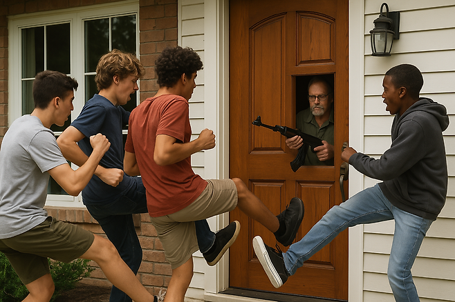 미국에서 청소년들이 틱톡에서 유행하는 ‘도어킥킹챌린지(현관문을 발로 세게 찬 뒤 도망치는 행위를 찍는 영상)’ 하던 중, 현관문 너머의 집주인이 총을 꺼내들고 있다. [챗GPT가 구현한 이미지]