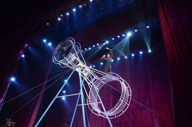 동춘서커스단의 ‘생사륜’ 공연이 펼쳐지고 있다. 고난도 공연인 생사륜은 두 명의 곡예사가 공중에서 쳇바퀴처럼 도는 장비에 몸을 맡긴 상태로 아찔한 무대를 선보인다. 사진 제공=동춘서커스단