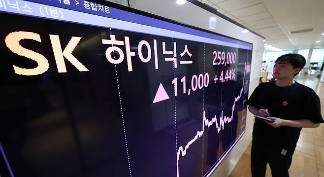 지난달 17일 서울 종로구 연합인포맥스 현황판에 SK하이닉스 주가가 표시되고 있다. ⓒ연합뉴스