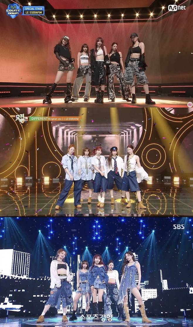 각 음악방송에 출연한 그룹 르세라핌. 방송 화면 캡처