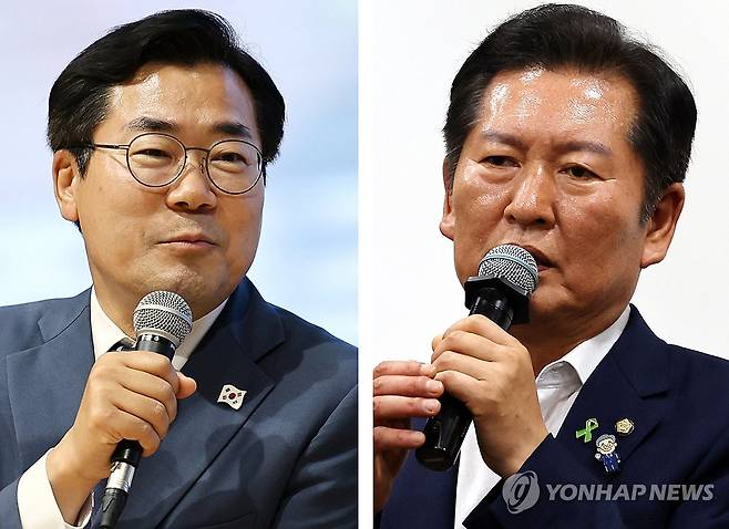 주말 지역 당심잡기 나선 정청래·박찬대 의원 (서울=연합뉴스) 정경재·정다움 기자 = 더불어민주당 당 대표 선거에 출마한 정청래 의원(오른쪽)과 박찬대 의원은 주말 지역 당원들과 만나 본격적인 표심 잡기에 나섰다.
    5일 전주대학교에서 열린 토크콘서트에 참석한 박찬대 의원(왼쪽)과 6일 광주 김대중컨벤션 센터에서 열린 '국민이 지키는 나라' 북콘서트에 참석한 정청래 의원. 2025.7.6 photo@yna.co.kr