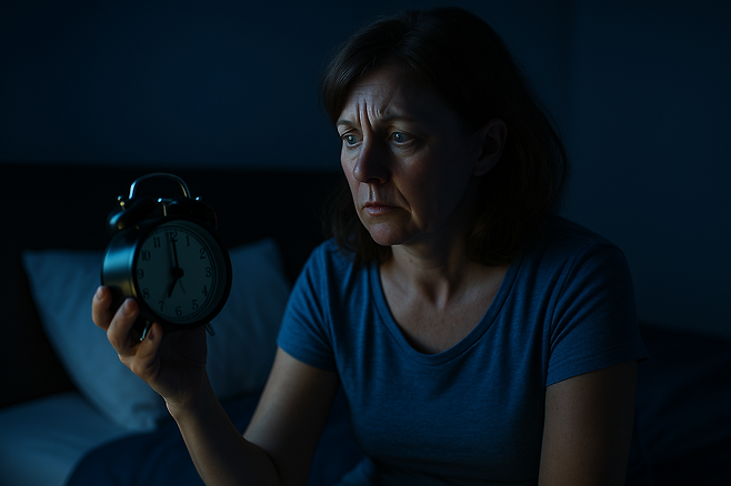 어둠 속에서 시계를 보는 여성