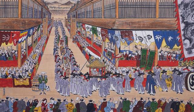 일본에 파견된 통신사 행렬이 일본 시가지를 지나는 모습.