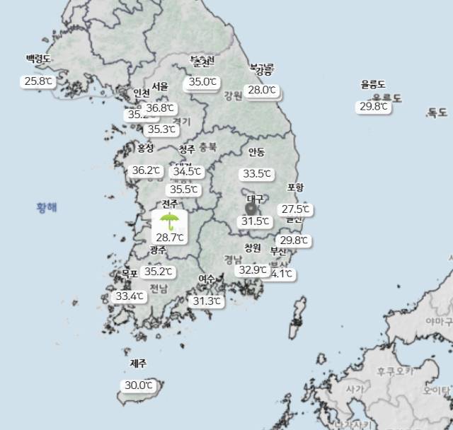 2025년 7월 8일 오후 2시 전국 주요 도시 기온. 기상청