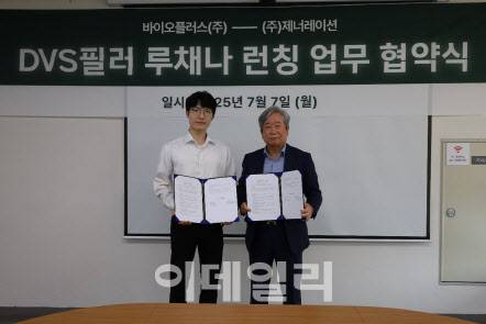 Chairman Hyunkyu Jung of BioPlus (right) poses for a commemorative photo with Dohoon Kim, CEO of Generation Co., Ltd. (left), after signing an MOU for the domestic launch of the DVS-crosslinked HA filler at BioPlus’s Seoul headquarters on July 7. (Source: BioPlus)